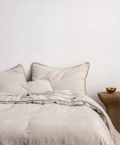 Piped Linen Duvet Cover Set - Natural And Forest