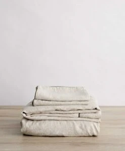 Piped Linen Sheet Set With Pillowcases - Natural And Forest