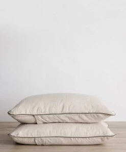 Set Of 2 Piped Linen Pillowcases - Natural And Forest