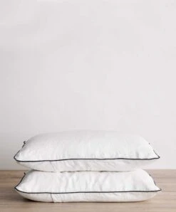 Set Of 2 Piped Linen Pillowcases - White And Navy