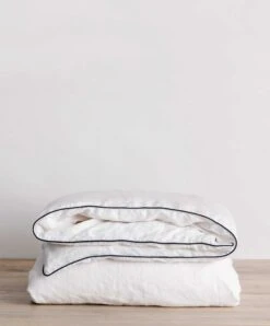 Piped Linen Duvet Cover - White And Navy