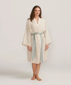 Linen Robe - Natural/Seafoam